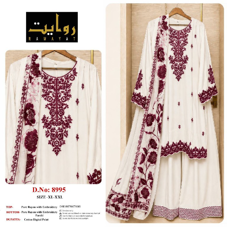 RAWAYAT D.NO 8993 TO 8995 WHOLESALE READYMADE RAYON EMBROIDERY WORK 3 PCS SUITS SUPPLIER