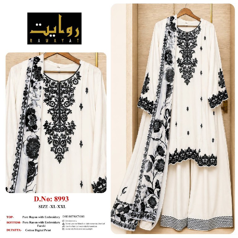 RAWAYAT D.NO 8993 TO 8995 WHOLESALE READYMADE RAYON EMBROIDERY WORK 3 PCS SUITS SUPPLIER