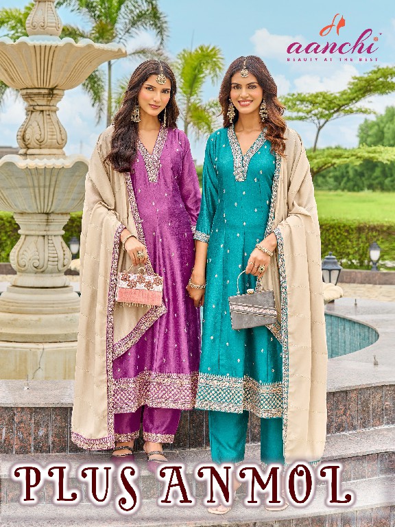 AANCHI PLUS ANMOL WHOLESALE READYMADE VICHITRA SILK BIG SIZE LATEST FASHION 3 PCS COMBO SET SUITS SUPPLIER