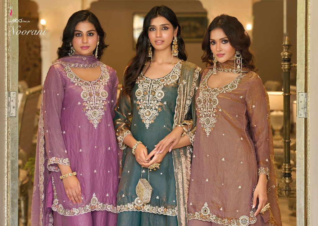 EBA LIFESTYLE NOORANI WHOLESALE READYMADE FANDY SATIN WITH BEATS WORK FESTIVE WEAR 3 OCS SUITS EXPORTER
