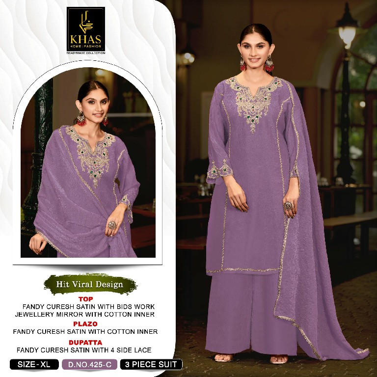 KHAS D.NO 425 WHOLESALE READYMADE FANDY SATIN CRUSH PAKISTANI 3 PCS SUITS EXPORTER