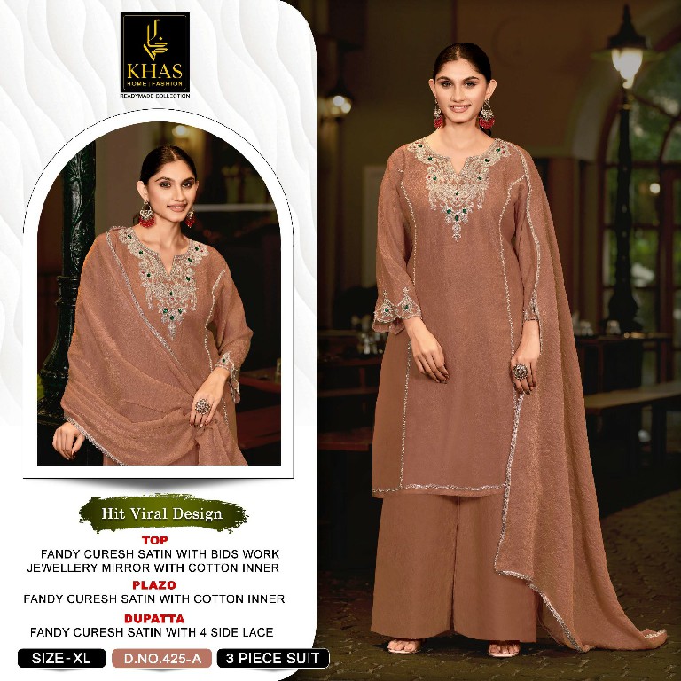 KHAS D.NO 425 WHOLESALE READYMADE FANDY SATIN CRUSH PAKISTANI 3 PCS SUITS EXPORTER