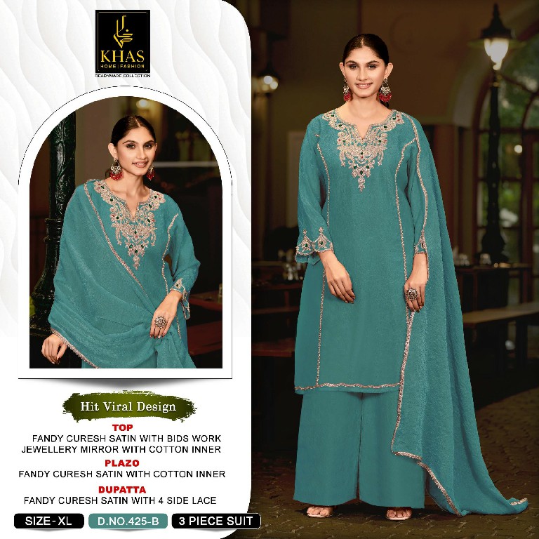 KHAS D.NO 425 WHOLESALE READYMADE FANDY SATIN CRUSH PAKISTANI 3 PCS SUITS EXPORTER