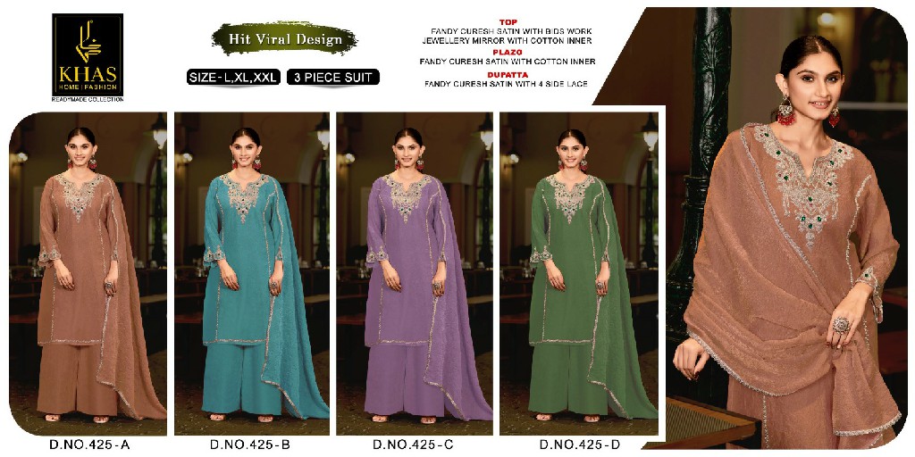 KHAS D.NO 425 WHOLESALE READYMADE FANDY SATIN CRUSH PAKISTANI 3 PCS SUITS EXPORTER