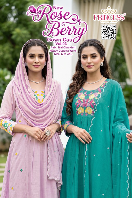 PRINCESS CREATION NEW ROSE BERRY GOWN CAU VOL 3 WHOLESALE READYMADE MAL CHANDERI STYLISH LOOK 3 PCS COMBO SET SUITS EXPORTER