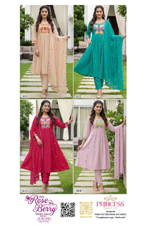 PRINCESS CREATION NEW ROSE BERRY GOWN CAU VOL 3 WHOLESALE READYMADE MAL CHANDERI STYLISH LOOK 3 PCS COMBO SET SUITS EXPORTER