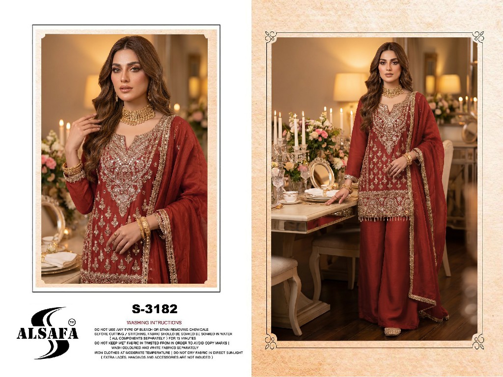 ALSAFA D.NO 3182 WHOLESALE READYMADE CHIFFON WITH WORK PAKISTANI TOP PLAZZO WIRH DUPATTA ONLINE