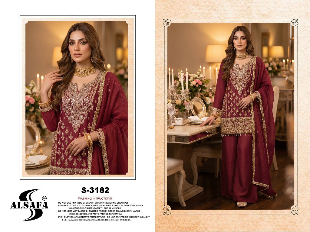 ALSAFA D.NO 3182 WHOLESALE READYMADE CHIFFON WITH WORK PAKISTANI TOP PLAZZO WIRH DUPATTA ONLINE