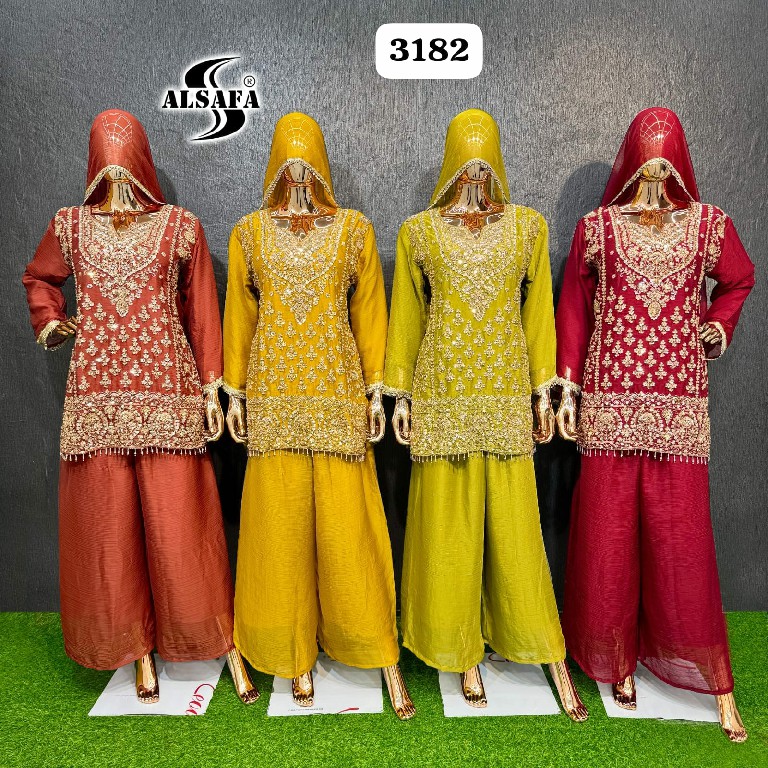ALSAFA D.NO 3182 WHOLESALE READYMADE CHIFFON WITH WORK PAKISTANI TOP PLAZZO WIRH DUPATTA ONLINE