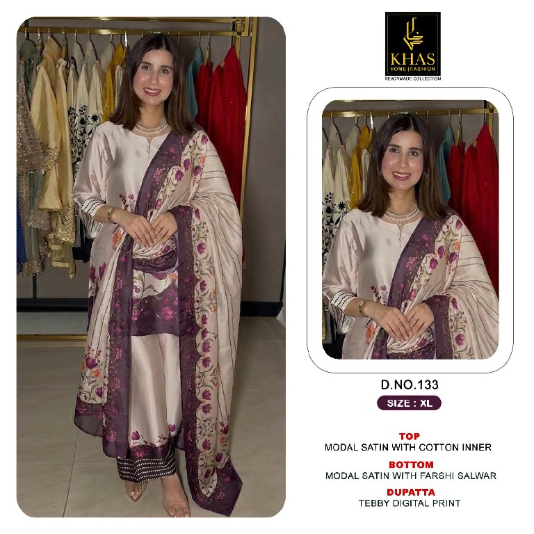 KHAS D.NO 131 TO 139 WHOLESALE READYMADE MODAL SATIN NEW DESIGN 3 PCS COMBO SET SUITS EXPORTER