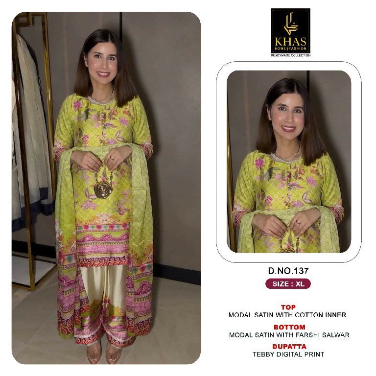 KHAS D.NO 131 TO 139 WHOLESALE READYMADE MODAL SATIN NEW DESIGN 3 PCS COMBO SET SUITS EXPORTER