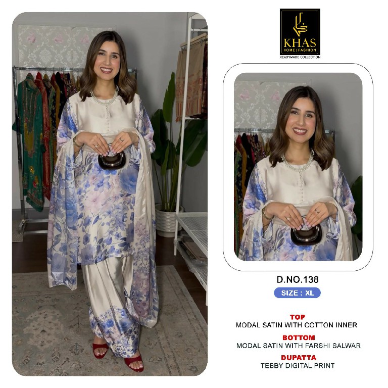 KHAS D.NO 131 TO 139 WHOLESALE READYMADE MODAL SATIN NEW DESIGN 3 PCS COMBO SET SUITS EXPORTER