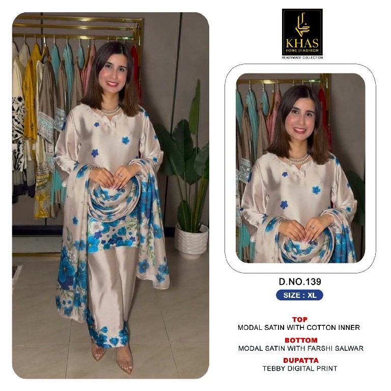 KHAS D.NO 131 TO 139 WHOLESALE READYMADE MODAL SATIN NEW DESIGN 3 PCS COMBO SET SUITS EXPORTER