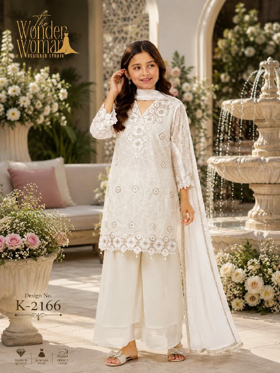 WONDER WOMAN D.NO K-2166 WHOLESALE READYMADE SOFT GEORGETTE DELICATE EMBROIDERY 3 PCS COMBO SET SUITS FOR KIDS ONLINE