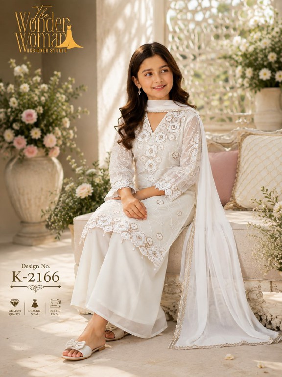 WONDER WOMAN D.NO K-2166 WHOLESALE READYMADE SOFT GEORGETTE DELICATE EMBROIDERY 3 PCS COMBO SET SUITS FOR KIDS ONLINE