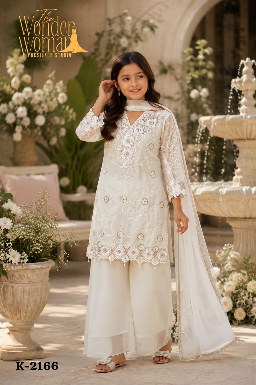 WONDER WOMAN D.NO K-2166 WHOLESALE READYMADE SOFT GEORGETTE DELICATE EMBROIDERY 3 PCS COMBO SET SUITS FOR KIDS ONLINE