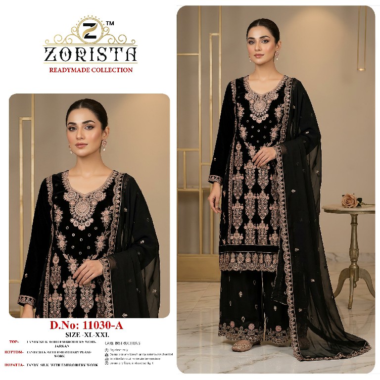 ZORISTA D.NO 11030 WHOLESALE READYMADE FANDY SILK WITH HEAVY WORK PAKISTANI 3 PCS SUITS EXPORTER