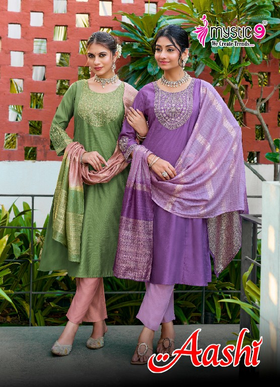 MYSTIC 9 AASHI VOL 1 WHOLESALE READYMADE DYED VERTICAN CONTRAST PRINCESS CUT 3 PCS SUITS SUPPLIER
