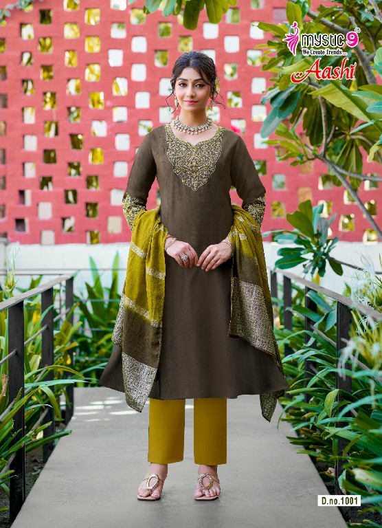 MYSTIC 9 AASHI VOL 1 WHOLESALE READYMADE DYED VERTICAN CONTRAST PRINCESS CUT 3 PCS SUITS SUPPLIER