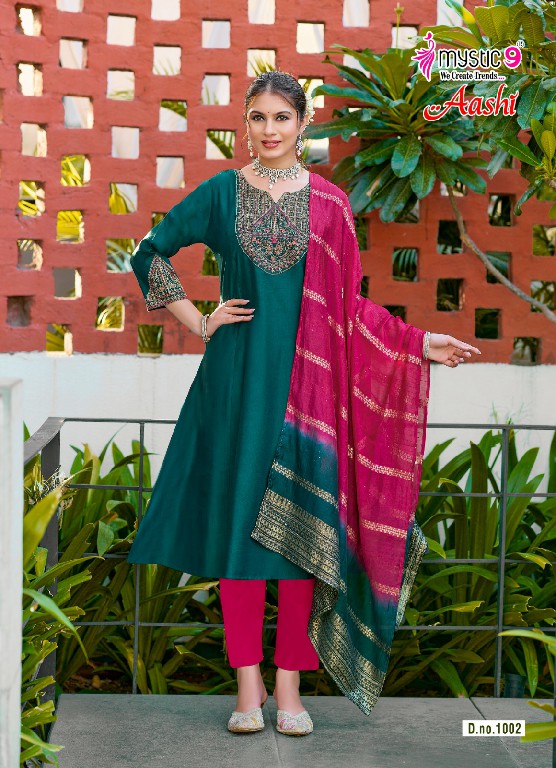 MYSTIC 9 AASHI VOL 1 WHOLESALE READYMADE DYED VERTICAN CONTRAST PRINCESS CUT 3 PCS SUITS SUPPLIER