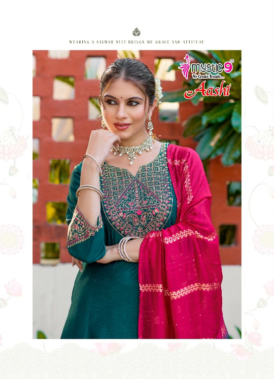 MYSTIC 9 AASHI VOL 1 WHOLESALE READYMADE DYED VERTICAN CONTRAST PRINCESS CUT 3 PCS SUITS SUPPLIER