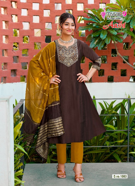 MYSTIC 9 AASHI VOL 1 WHOLESALE READYMADE DYED VERTICAN CONTRAST PRINCESS CUT 3 PCS SUITS SUPPLIER