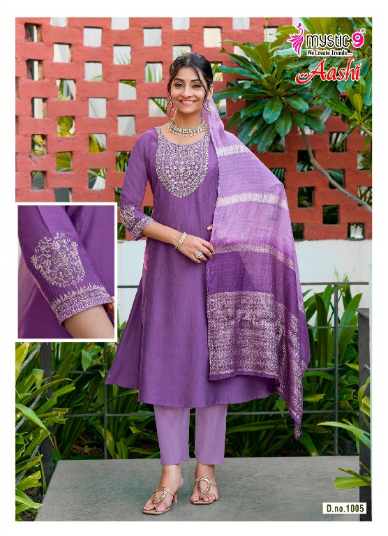 MYSTIC 9 AASHI VOL 1 WHOLESALE READYMADE DYED VERTICAN CONTRAST PRINCESS CUT 3 PCS SUITS SUPPLIER