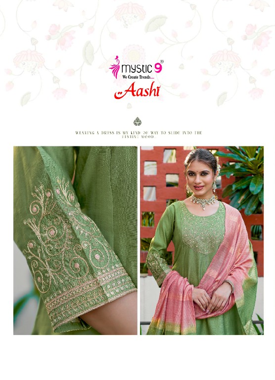 MYSTIC 9 AASHI VOL 1 WHOLESALE READYMADE DYED VERTICAN CONTRAST PRINCESS CUT 3 PCS SUITS SUPPLIER