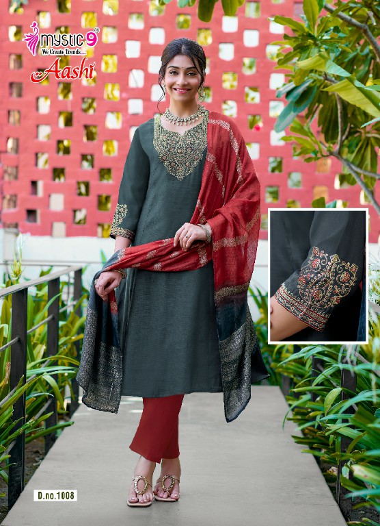 MYSTIC 9 AASHI VOL 1 WHOLESALE READYMADE DYED VERTICAN CONTRAST PRINCESS CUT 3 PCS SUITS SUPPLIER