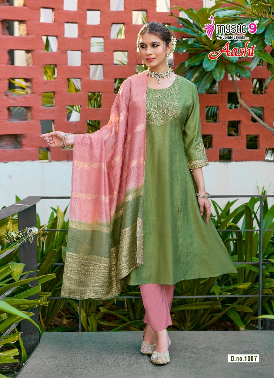 MYSTIC 9 AASHI VOL 1 WHOLESALE READYMADE DYED VERTICAN CONTRAST PRINCESS CUT 3 PCS SUITS SUPPLIER