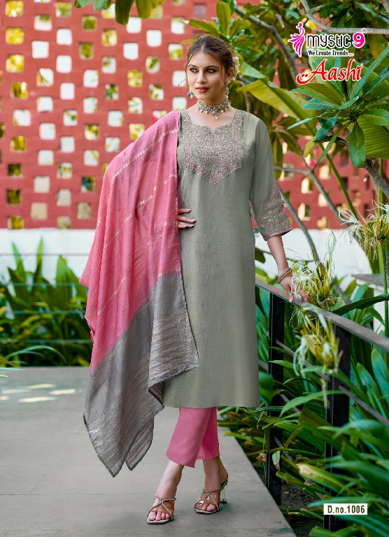 MYSTIC 9 AASHI VOL 1 WHOLESALE READYMADE DYED VERTICAN CONTRAST PRINCESS CUT 3 PCS SUITS SUPPLIER