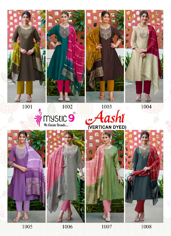 MYSTIC 9 AASHI VOL 1 WHOLESALE READYMADE DYED VERTICAN CONTRAST PRINCESS CUT 3 PCS SUITS SUPPLIER