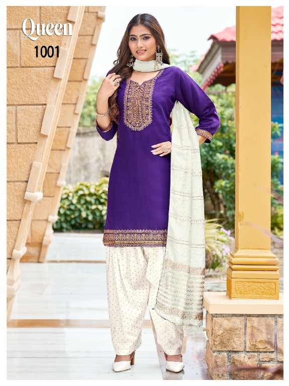 MUKESH QUEEN WHOLESALE READYMADE VERTICAN WITH WORK BIG SIZE PATIYALA STYLE 3 PCS SUITS SUPPLIER