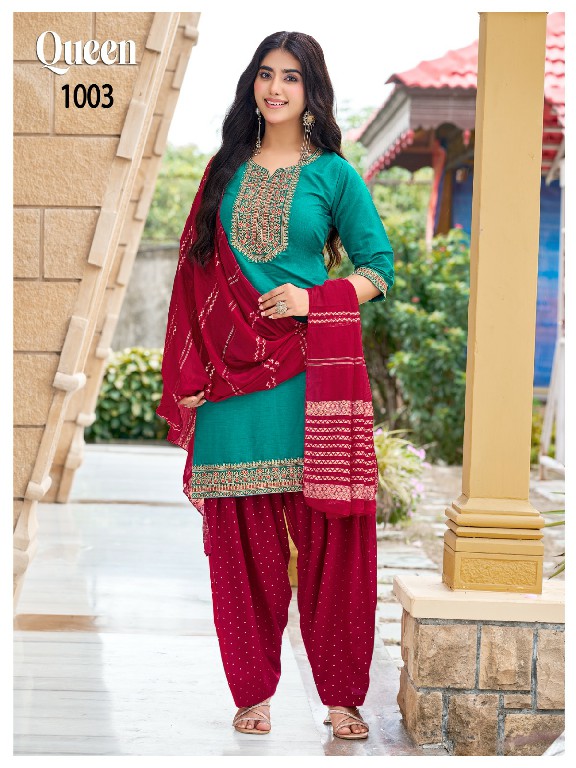 MUKESH QUEEN WHOLESALE READYMADE VERTICAN WITH WORK BIG SIZE PATIYALA STYLE 3 PCS SUITS SUPPLIER