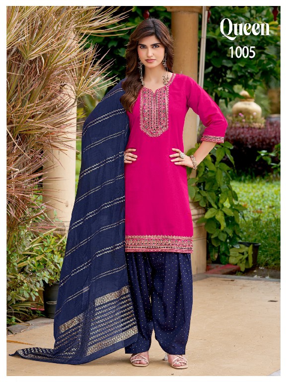 MUKESH QUEEN WHOLESALE READYMADE VERTICAN WITH WORK BIG SIZE PATIYALA STYLE 3 PCS SUITS SUPPLIER