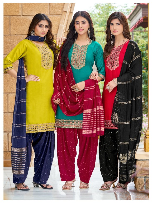 MUKESH QUEEN WHOLESALE READYMADE VERTICAN WITH WORK BIG SIZE PATIYALA STYLE 3 PCS SUITS SUPPLIER