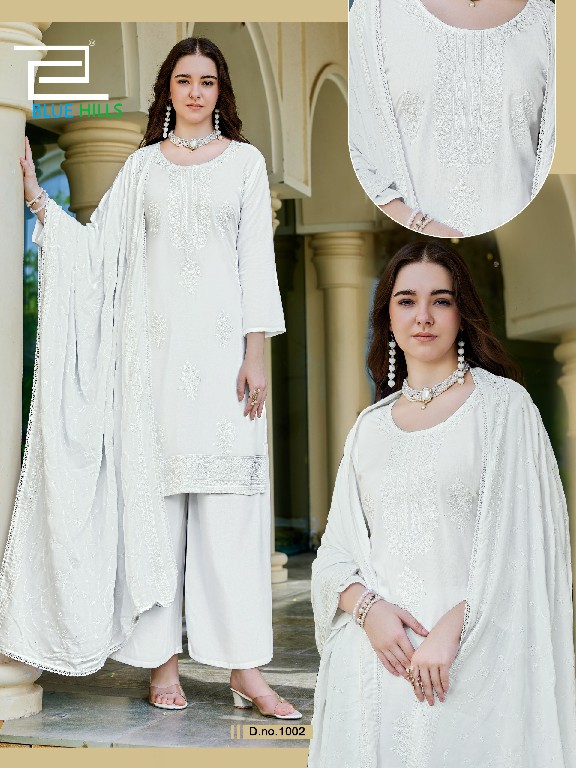 BLUE HILLS WHITE LILY WHOLESALE READYMADE RAYON WITH WORK BIG SIZE 3 PCS COMBO SET SUITS EXPORTER