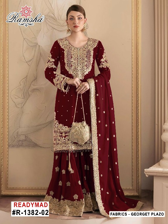 RAMSHA D.NO 1382 WHOLESALE READYMADE GEORGETTE PAKISTANI SHARARA STYLE 3 PCS SUITS FOR EXPORT