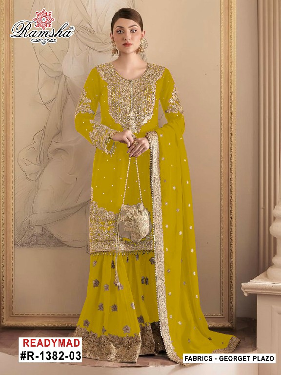 RAMSHA D.NO 1382 WHOLESALE READYMADE GEORGETTE PAKISTANI SHARARA STYLE 3 PCS SUITS FOR EXPORT