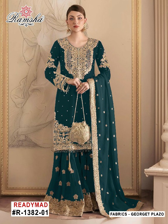 RAMSHA D.NO 1382 WHOLESALE READYMADE GEORGETTE PAKISTANI SHARARA STYLE 3 PCS SUITS FOR EXPORT