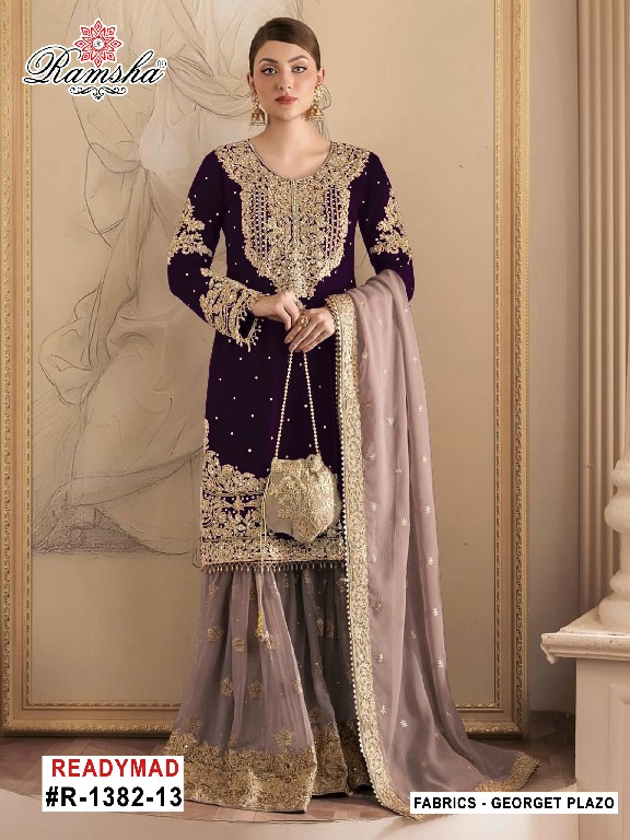 RAMSHA D.NO 1382 WHOLESALE READYMADE GEORGETTE PAKISTANI SHARARA STYLE 3 PCS SUITS FOR EXPORT