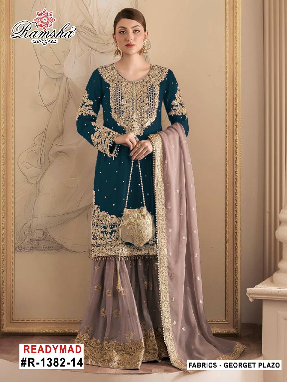 RAMSHA D.NO 1382 WHOLESALE READYMADE GEORGETTE PAKISTANI SHARARA STYLE 3 PCS SUITS FOR EXPORT