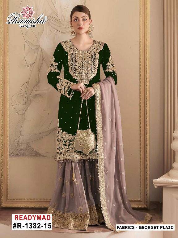 RAMSHA D.NO 1382 WHOLESALE READYMADE GEORGETTE PAKISTANI SHARARA STYLE 3 PCS SUITS FOR EXPORT