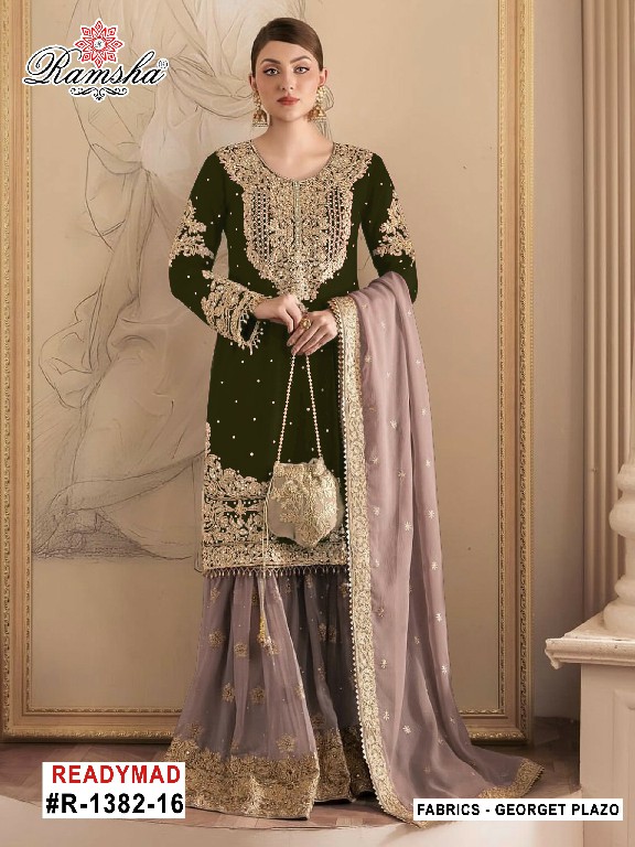 RAMSHA D.NO 1382 WHOLESALE READYMADE GEORGETTE PAKISTANI SHARARA STYLE 3 PCS SUITS FOR EXPORT