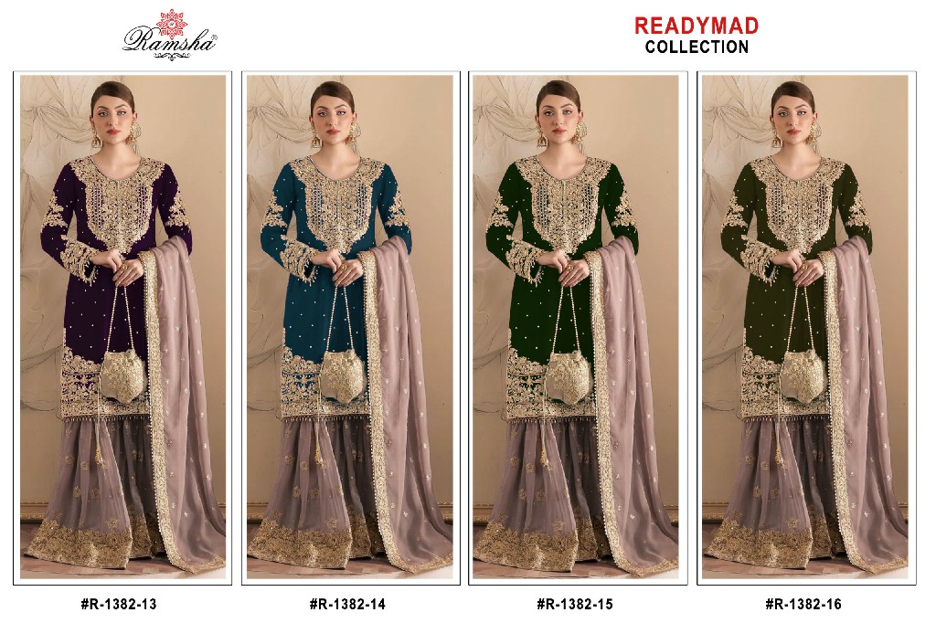 RAMSHA D.NO 1382 WHOLESALE READYMADE GEORGETTE PAKISTANI SHARARA STYLE 3 PCS SUITS FOR EXPORT