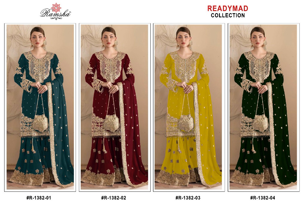 RAMSHA D.NO 1382 WHOLESALE READYMADE GEORGETTE PAKISTANI SHARARA STYLE 3 PCS SUITS FOR EXPORT