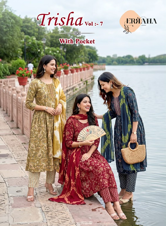 ERRAHA TRISHA VOL 7 WHOLESALE READYMADE RAYON CAPSULE UMBRELLA CUT 3 PCS SUITS EXPORTER