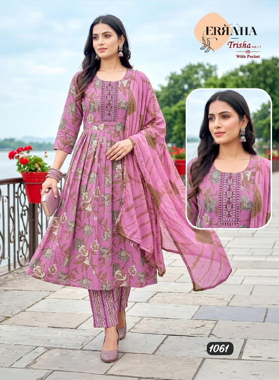 ERRAHA TRISHA VOL 7 WHOLESALE READYMADE RAYON CAPSULE UMBRELLA CUT 3 PCS SUITS EXPORTER