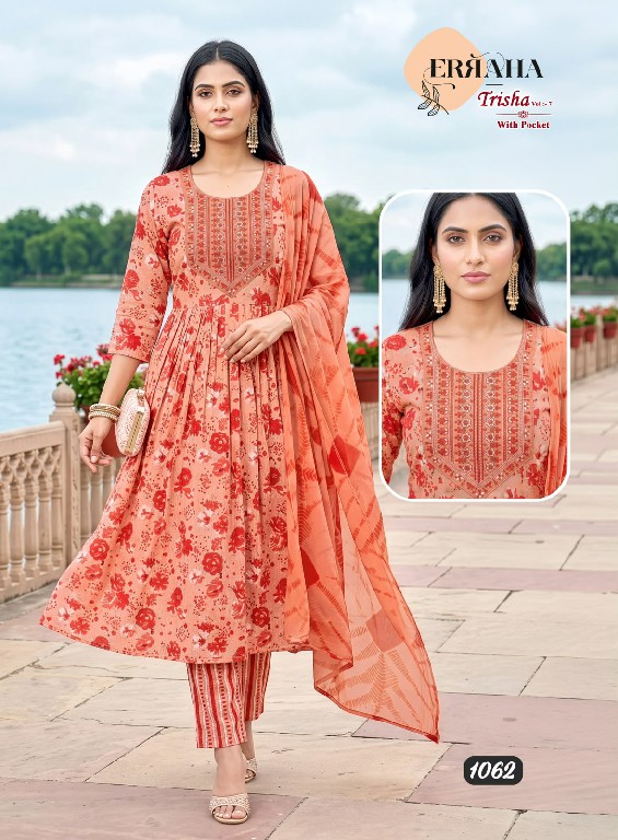 ERRAHA TRISHA VOL 7 WHOLESALE READYMADE RAYON CAPSULE UMBRELLA CUT 3 PCS SUITS EXPORTER