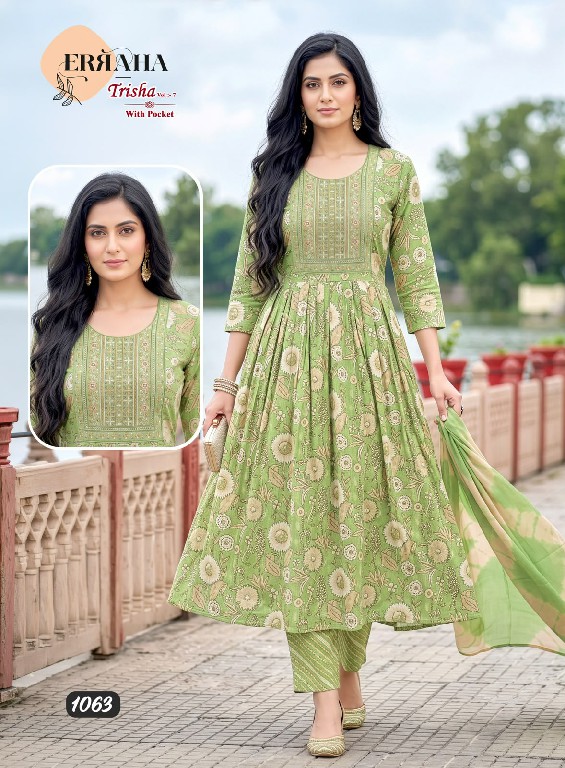 ERRAHA TRISHA VOL 7 WHOLESALE READYMADE RAYON CAPSULE UMBRELLA CUT 3 PCS SUITS EXPORTER